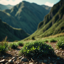 Tranquil Mountain Landscape with Vibrant Green Meadows and Blue Sky
