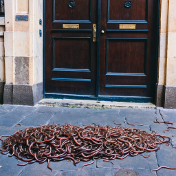 Earthworms Gathering Near Outdoor Doorway on Pavement Surface