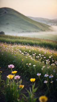 Serene Wildflower Meadow at Dawn: A Tranquil Spring Landscape with Rolling Hills and Mist