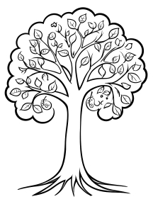 Stylized Black and White Line Drawing of a Tree with Branches, Leaves, and Roots