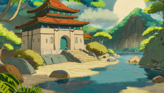 Tranquil Harmony: A Serene East Asian Landscape with Pagoda and Reflective Waters