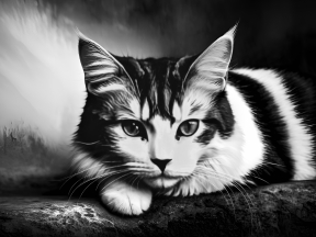 Contemplative Cat Portrait with Vintage Video Noise Effect