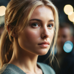 Contemplative Blonde Woman in Soft Indoor Lighting with Blurred Background Figures