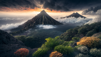 Volcanic Island Majesty: A Stormy Coastal Landscape with Dramatic Light and Lush Rainforest