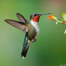 Vibrant Hummingbird in Mid-Flight Feeding on Nectar