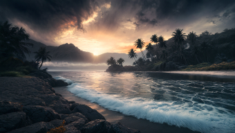 Serene Tropical Coastal Landscape at Sunrise: A Digital Adventure Scene