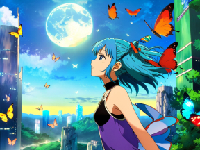 Whimsical Blue-Haired Fairy Amidst a Dreamlike Cityscape at Dusk