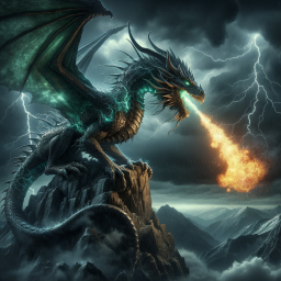 Majestic Dragon Unleashing Fiery Fury Amidst Stormy Skies
