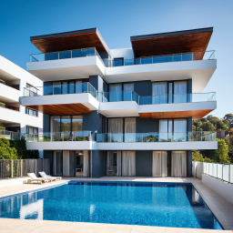 Modern Residential Building with Contemporary Design and Poolside Tranquility