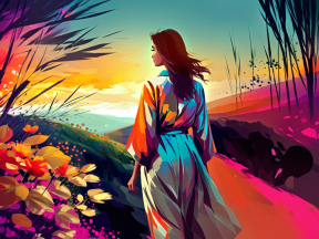 Contemplative Serenity: A Person Gazing at a Vibrant Sunset from a Flowering Hillside