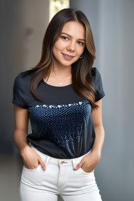 Chic and Casual: Woman in Polka Dot Top and Light-Colored Pants Posing Against Neutral Background