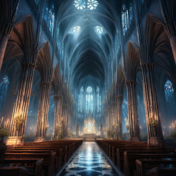 Majestic Gothic Cathedral Interior: Illuminated by Stained Glass and Soaring Arches