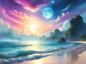 Twilight Shores of a Dreamscape: A Surreal Beach Beneath Twin Celestial Bodies