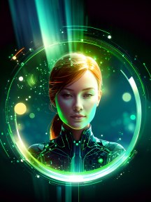 Futuristic Cybernetic Portrait: A Vibrant Green Digital Interface Rendering