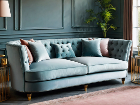 Elegant Blue Tufted Two-Seater Sofa with Gold Accents in a Stylish Interior Setting
