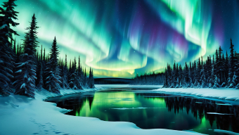 Enchanting Winter Night: Aurora Borealis Over a Frozen Arctic Lake