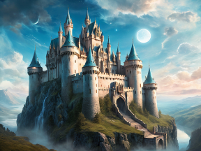 Moonlit Fantasy Castle on a Cliff with Cascading Waterfall