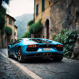 Blue Lamborghini with Iconic Scissor Doors Parked on Historic European Street