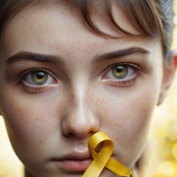 Silent Strength: A Close-Up Portrait Featuring a Yellow Ribbon on the Lip at Golden Hour