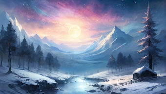 Tranquil Dawn: A Serene Snow-Covered Landscape Beneath a Vibrant Alien Sky