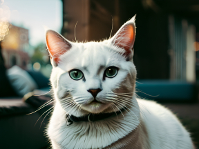 Captivating Blue-Eyed Cat Bathed in Warm, Soft Light Indoors