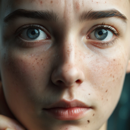 Close-Up Portrait of a Young Adult with Freckles and Light Blue Eyes
