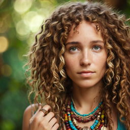 Portrait of a Person with Curly Hair Adorned in Colorful Jewelry Against a Lush Outdoor Background