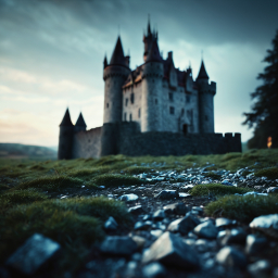 Majestic Medieval-Inspired Castle Amidst Rocky Path and Overcast Skies