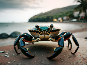 Vibrant Coastal Crab Perched on Rocky Shore with Scenic Ocean and Hills Background