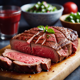 Perfectly Cooked Rare Steak with Fresh Herbs and Tomatoes in a Cozy Kitchen Setting
