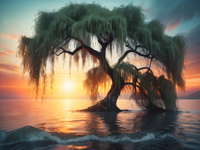Serene Coastal Sunset: Majestic Tree Draped in Spanish Moss Overlooking Calm Waters