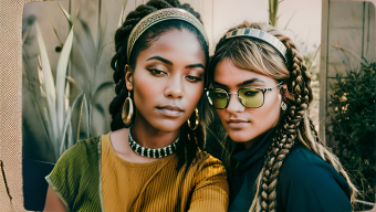 Coordinated Style: Two Friends in Braids and Sunglasses Taking a Stylish Outdoor Selfie