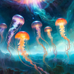 Cosmic Ocean: A Vibrant Underwater Fantasy of Jellyfish and Nebulae