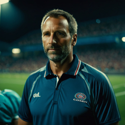 Nighttime Sports Coach on Field Wearing Dark Blue Polo with Emblem and "COACH" Label