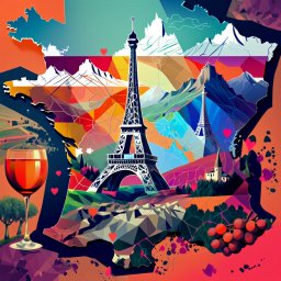 Vibrant and Iconic: A Stylized Cultural Map of France Featuring the Eiffel Tower and Culinary Symbols
