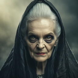 Portrait of an Elderly Woman in Dramatic Hooded Black Garment with Intense Expression