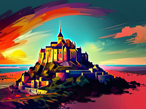 Vibrant Illustrated Sunset of Mont Saint-Michel Tidal Island
