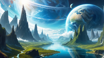 Surreal Fantasy Landscape with Towering Rocks and Close-Orbiting Planet at Dawn
