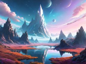 Celestial Serenity: A Vibrant Extraterrestrial Landscape of Jagged Rocks and Lush Vegetation