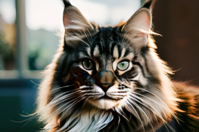 Curious Long-Haired Cat Gazing Intently in Soft Indoor Light