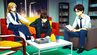 Three Anime Characters in a Professional Office Setting: A Detailed Illustration