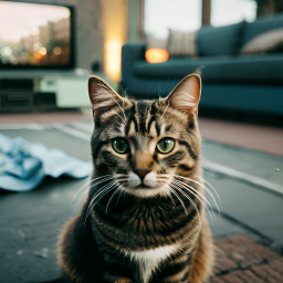 Curious Tabby Cat Poses Indoors in Cozy Living Room Setting
