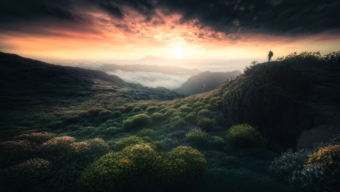 Tranquil Sunrise Over Rugged Hills and Reflective Waters