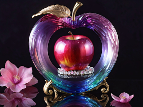 Multicolored Reflective Apple Sculpture with Floral and Gemstone Base: A Stunning Collectible Art Piece