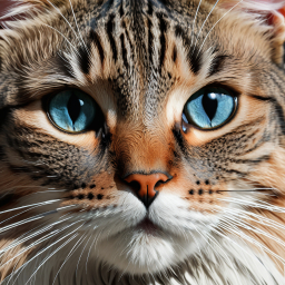 Close-Up Portrait of a Blue-Eyed Cat with Patterned Fur and Fluffy Coat