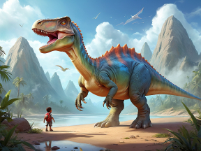 Prehistoric Encounter: A Vibrant Dinosaur and Human Amidst Ancient Cliffs