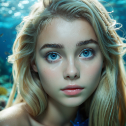 Ethereal Serenity: Portrait of a Woman Underwater with Striking Blue Eyes