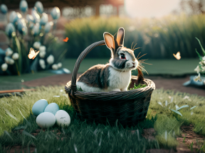 Easter Bunny Nestled in a Basket of Colorful Eggs Amid Spring Blooms