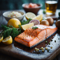 Perfectly Cooked Salmon Fillet with Lemon and Dill Garnish on a Bright Kitchen Counter