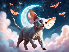 Whimsical Fantasy: Dreamy Cat on a Cloud Under a Starry Moon